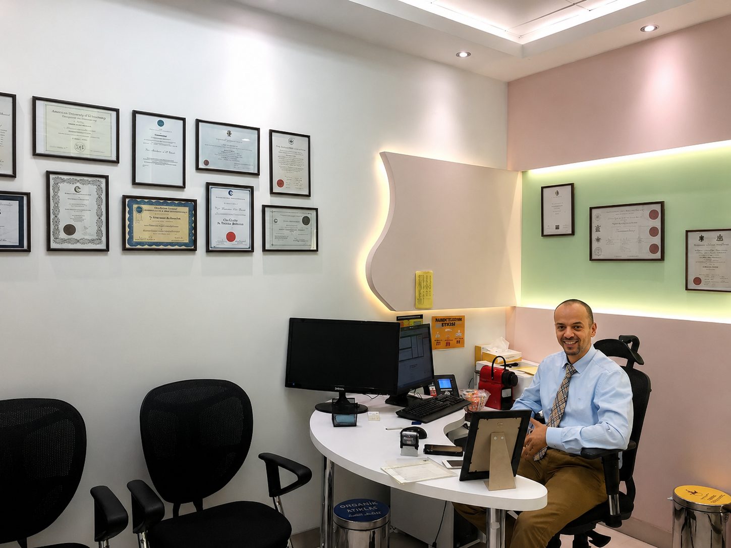 د. عبدالعزيز الراشد في عيادته الخاصة في مستشفى الكويت وخلفه جدار الشهادات